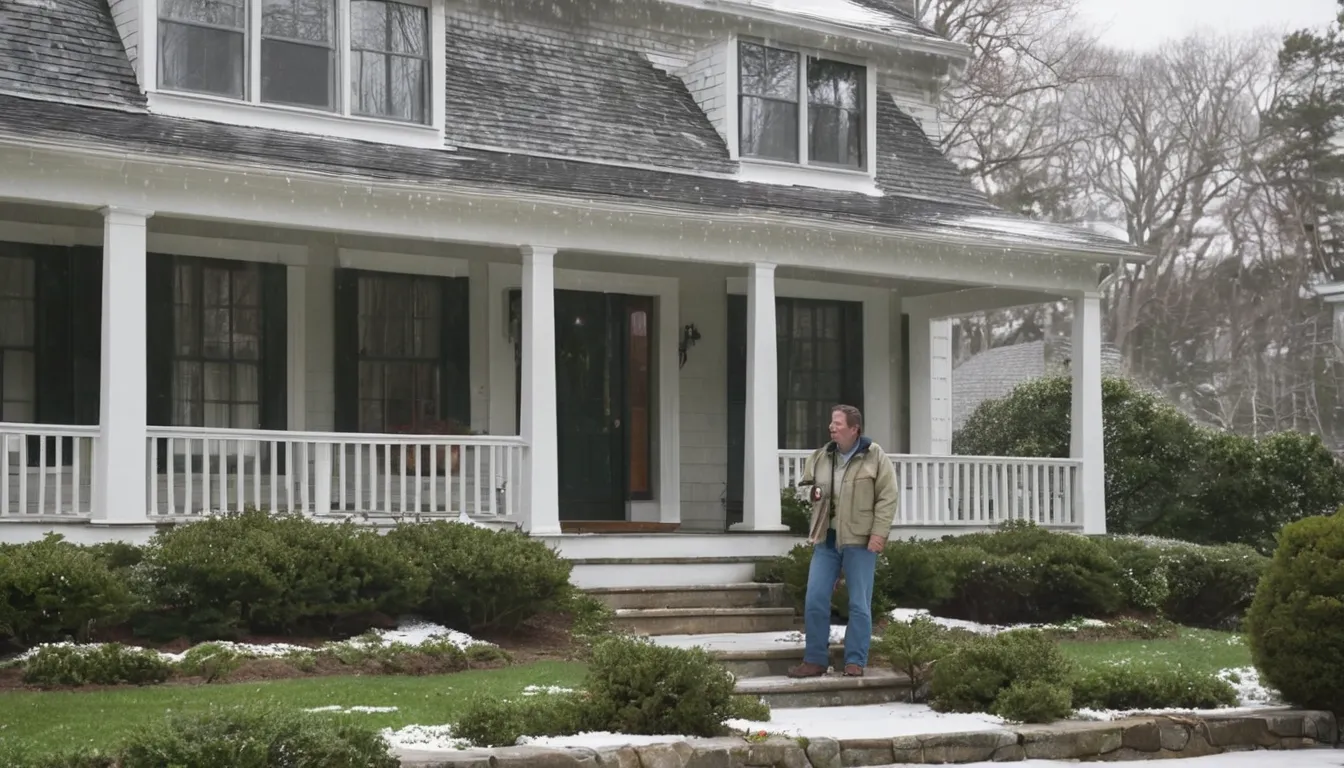 Friendly pest control provider talking with a homeowner outside an older Cape Cod style house in New York